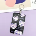 Black purple heart card holder with keychain id badge holder cute aesthetic kawaii daily use - Black With Big Hearts / Round Buckle