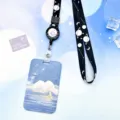 Portatarjetas con diseño de planeta azul y cordón retráctil con funda para estudiantes. - Estrellas De Luna De Agua (Cordón Retráctil Cósmico Negro)