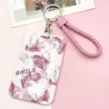 Portacarte in plastica con motivo a cuore rosa, cordino intrecciato e portachiavi in metallo. - Motivo a Cuore Con Corda in Pelle Bordata Rosa / Rosa