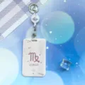 Zodiac sliding card holder with retractable reel and keychain for student ID bus card. - Virgo Pattern / White Retractable Badge Clip (Planet)
