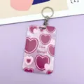Purple heart print ID card holder badge case with metal keychain Harajuku cute style - Pink Background Dark Pink Heart / Round Buckle