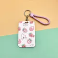 Pink strawberry ID card holder with braided wrist strap and metal keychain for students. - Plaid Strawberry Rabbit (Pink Leather Cord)
