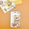Llavero portatarjetas retráctil lindo con funda y correa para tarjetas de estudiantes. - Oso de Peluche + Carrete Retráctil Blanco (Cabeza de Oso Beige)