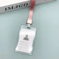 Transparent ID Card Holder with Pink Lanyard Vertical Badge Case Student Access Card Protector - Pink