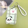 Groene ruitjes panda cartoon kaarthouder met wit gevlochten nekkoord voor studenten - Gestreepte Panda / Wit Koord