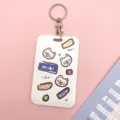 Cute white card holder with lanyard, adorable bear pattern badge holder for students and staff. - Cheering Bear + Round Buckle