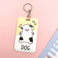 Cute cartoon dog ID card holder with keychain, durable PVC bus card sleeve for students. - Black White Dog + Round Buckle