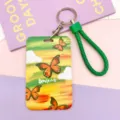 Butterfly oil painting card holder with green braided lanyard for student bus ID badges - Oil Painting Butterfly / Green Edged Leather Rope