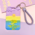 Oil painting card holder with purple braided lanyard for student bus pass ID badge use. - Oil Painting Purple with Purple Edged Leather Cord