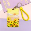 Sunflower oil painting card holder with yellow braided lanyard for student badge and ID - Oil Painting Sunflower with Yellow Edged Leather Cord