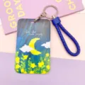Oil painting style card holder with braided lanyard, perfect for student ID and bus pass. - Oil Painting Moon & Dark Blue Edged Leather Cord