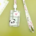 Portatarjetas de estudiante con panda de dibujos animados y cordón, funda de plástico. - Panda a Rayas / Cordón largo con hebilla floral