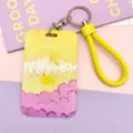 Oil painting style ID card holder with yellow braided lanyard and metal keychain for students. - Oil Painting Yellow & Yellow Edged Leather Cord