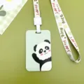 Lindo tarjetero de plástico con diseño de panda y cordón para estudiantes y uso diario en oficina. - Panda saludando / Cordón largo con hebilla floral