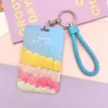 Oil painting style card holder with blue braided lanyard and metal keychain for students bus ID - Five-Color Oil Painting & Light Blue Edged Leather Cord