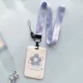 Blue flower sliding ID card holder with cute lanyard for student bus pass protection. - Single Blue Flower And Smudged Flower Bear