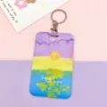 Oil painting style card holder with keychain, artistic landscape design, durable badge holder. - Oil Painting Purple & Round Clasp