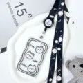 Clear card holder with cute bear print and planet lanyard for school and office use. - Bear Head Style / Black Space Retractable Lanyard