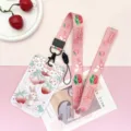 Portacarte rigido scorrevole per studenti con motivo fragola e coniglio e cordino abbinato. - Coniglio Che Afferra la Fragola + Cordino Lungo Limitato Fragola