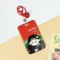 Cartoon Mona Lisa sliding card holder red badge protector with strap and bell for students. - Red Bell Lobster Clasp / Red Da Vinci