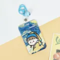 Cartoon Girl Pearl Earring Slide ID Card Holder with Blue Key Ring and Bell for Students. - Blue Bell Lobster Clasp / Girl with a Pearl Earring