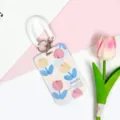 Tulip print ID card holder with white coil wrist strap, cute sliding badge case for students. - TULIPS Five Flowers / White Spring Rope