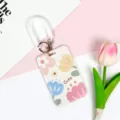 Cartoon floral sliding ID card holder with white coil lanyard and metal clip variant. - Cute Four Flowers / White Spring Rope