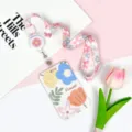 Cartoon floral badge holder with lanyard and retractable reel for student ID card. - Flower Four Leaves One Blossom / Pink Blue Five-Leaf Flower Retractable Long Lanyard (Pink Flower)