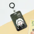 Cute cartoon celebrity sliding ID badge card holder with strap and keyring for students. - 2.7 Black Leather Cord Keychain / Gray Einstein