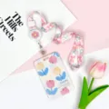 Floral lanyard badge holder set with retractable reel and cute tulip card case for students. - TULIPS Five Flowers / Pink Blue Five-Leaf Flower Retractable Long Lanyard (Pink Flower)