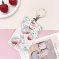 Estuche de tarjeta rígido deslizante de conejo fresa lindo con llavero de metal para tarjetas. - Conejo Atrapando Fresa + Hebilla Redonda