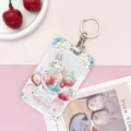 Tarjetero deslizante de fresa y conejo bonito con llavero, funda de plástico duradera - Un Tazón de Fresas + Hebilla Redonda