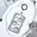 Transparent card holder with cute rabbit pattern, sliding protective badge case with keychain. - Little Rabbit Head Style / 3.3 Leather Strap Black Keyring