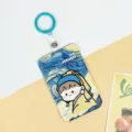 Cartoon art style slide badge card holder with lanyard ring for students and bus cards. - 2.7 Leather Strip Blue Keychain / Girl with a Pearl Earring
