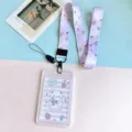 Portatarjetas de estudiante de dibujos animados con cordón morado y funda transparente. - Oso de Té Con Leche / Funda PP Vertical + Cordón de Postre Rosa