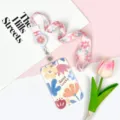 Floral lanyard card holder with retractable reel, cute student ID badge protector. - Full Screen English Floral / Pink Blue Five-Leaf Flower Retractable Long Lanyard (Pink Flower)
