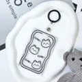 Transparent card holder keychain with cute bear design, perfect for student ID and campus cards. - Bear Head Style / 3.3 Leather Strap Black Keyring