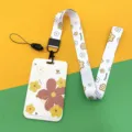 Cute floral print ID card holder with lanyard, perfect for students and office workers. - Little Red Flower / White Flower Lanyard / White