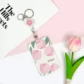 Tulip retractable badge reel and ID card holder, cute pink floral student bus card protector. - Five Roses / White Retractable Badge Reel (Pink Flower)