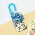 Cartoon sliding ID card holder with coil strap, cute Vermeer art design student bus pass case. - Blue Two-Color Spring Rope / Girl with a Pearl Earring