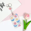 Tulip pattern card holder with retractable lanyard, cute student ID badge protector sleeve. - TULIPS Five Flowers / White Retractable Badge Reel (Pink Flower)