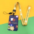 Cute student ID card holder with colorful flower pattern and matching lanyard for daily use. - Small Flower / Yellow Floral Long Lanyard / Blue