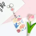 Cartoon floral card holder with retractable reel, student ID badge protector sleeve. - Full Screen English Floral / White Retractable Badge Reel (Pink Flower)