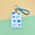 Blueberry sliding card holder with blue woven wrist strap, cute student ID badge protector. - Plaid Blueberry Girl (Light Blue Leather Cord)