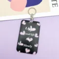 Black purple heart card holder with metal keychain, stylish ID badge holder for bus card and daily commuter. - Black with Small Hearts / Round Buckle