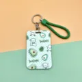 Cute avocado pattern slide card holder with green lanyard, student ID badge protector sleeve. - Plaid Avocado Dog (Dark Green Leather Cord)