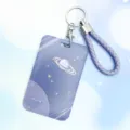 Purple starry sky card holder, cute sliding ID badge case with braided strap and keychain. - Purple Minor Planet + Purple Hand Rope