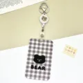 Gingham card holder with retractable badge reel, cute bear pattern ID card holder white - Grid Black Bear / White Retractable Badge Reel
