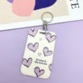 Cute heart pattern ID card holder with metal keychain, trendy Korean style badge cover. - Beige Line Heart / Round Buckle