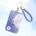 Purple starry sky aesthetic card holder with braided strap and keychain for ID badges. - Gold Ringed Planet + Purple Hand Rope
